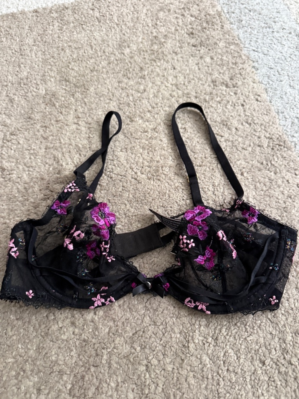 Victoria's Secret Black Sheer Bra with Pink & Purple Floral Embroidery- 34B